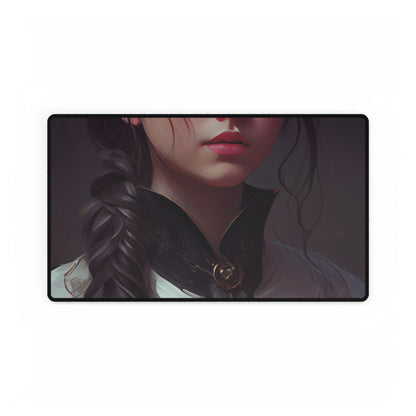 Realistic Female Portrait in Black Hair and Dress - Desk Mat