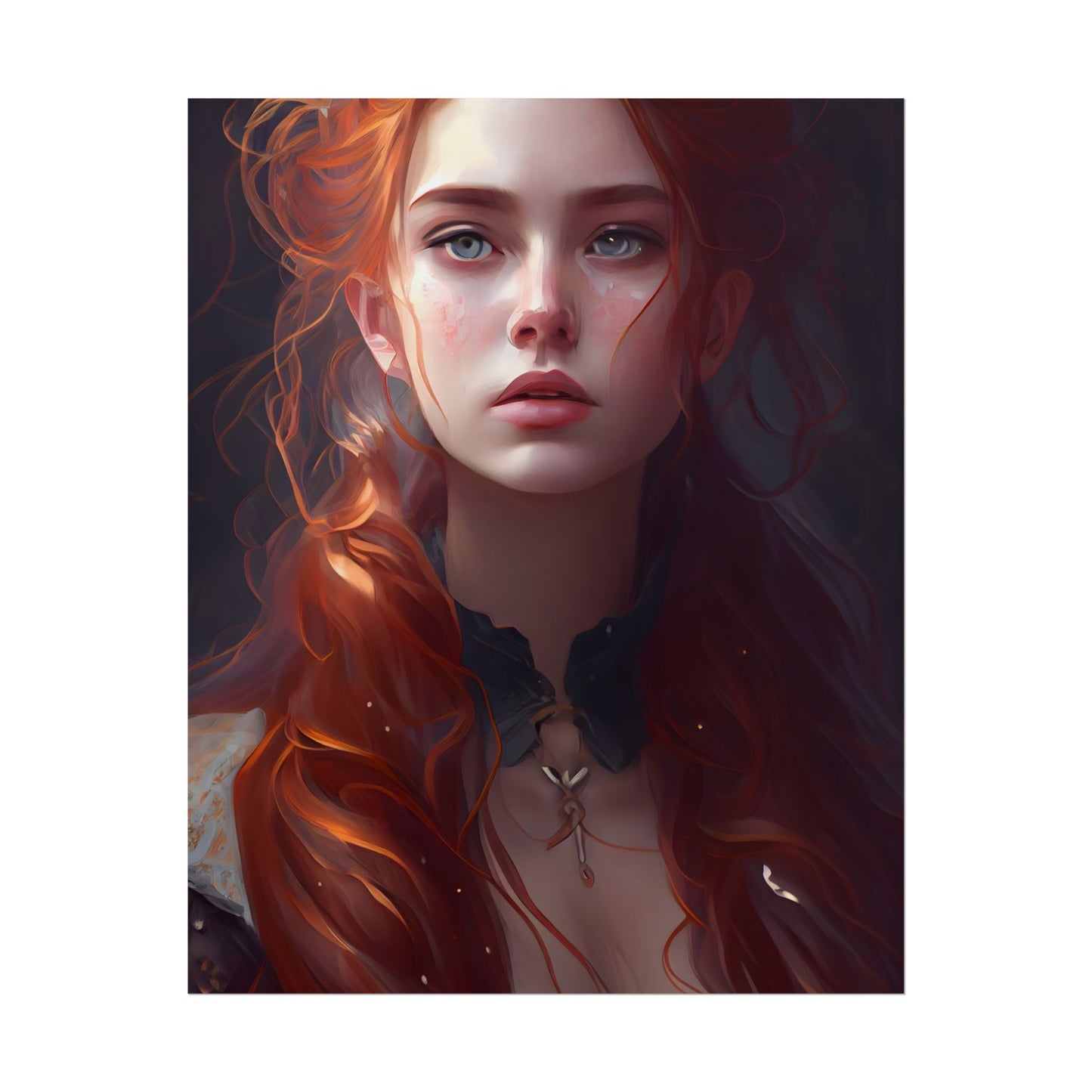 Elegant Redhead Portrait: Female Artwork in Dress - Poster