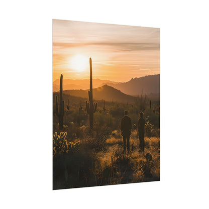 Desert Sunset Serenity: Two Friends Standing Together - Poster