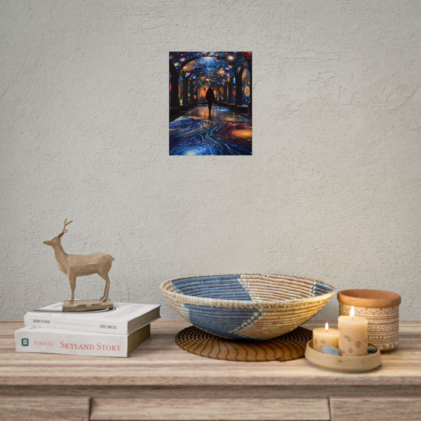 Celestial Art Gallery: Vibrant Space-Themed Artwork in a Colorful Interior - Poster