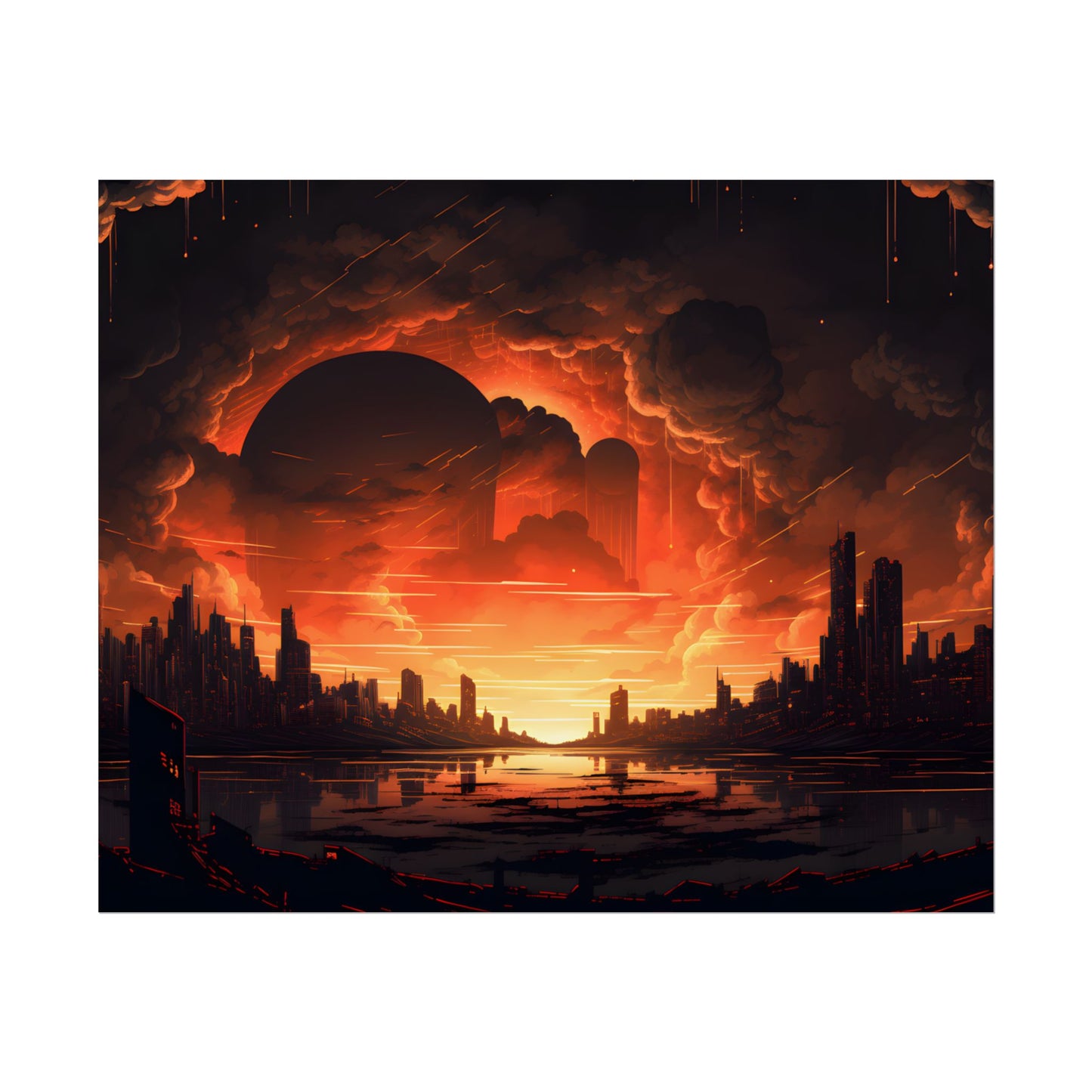 Futuristic Cyberpunk Night: Burning Cityscape Landscape Art - Poster