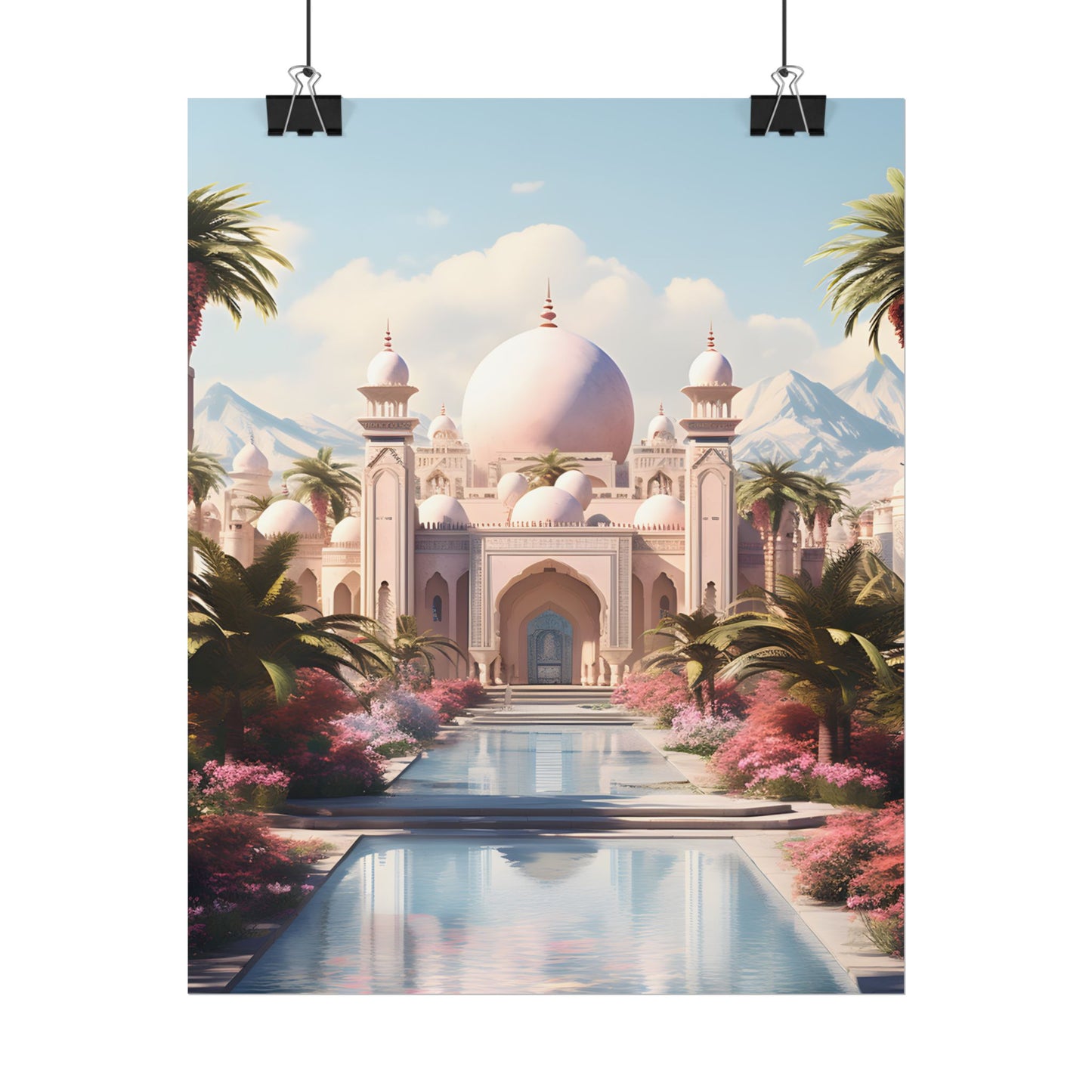 Serene Arabian Desert Oasis: Camels in a Palm Tree Landscape - Poster