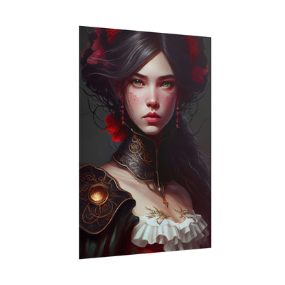 Elegant Black Hair Portrait in White Dress - Poster