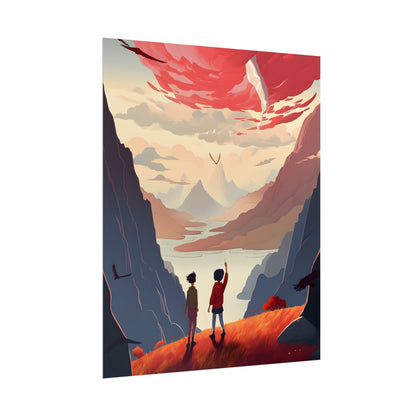 Serene Meadow Scene: Girl & Boy Under Cloudy Sky - Poster