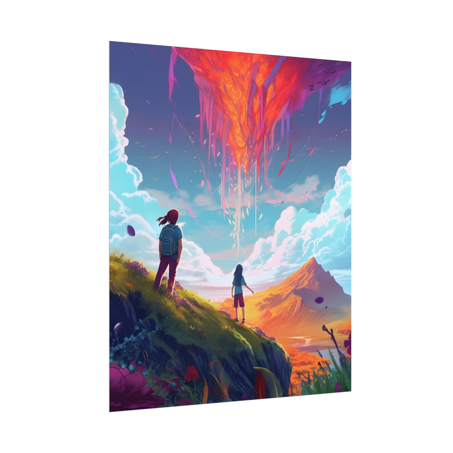 Children's Serene Moment: Meadow Under a Cloudy Sky - Poster