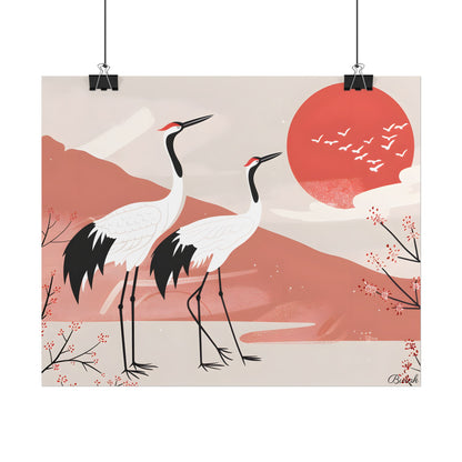 Serene Landscape with Cranes: Peaceful Nature Art - Poster