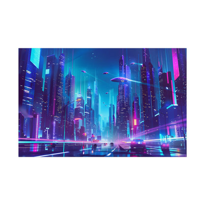 Futuristic Neon City: Towering Skyscrapers in a Vibrant Nighttime Sky - Poster