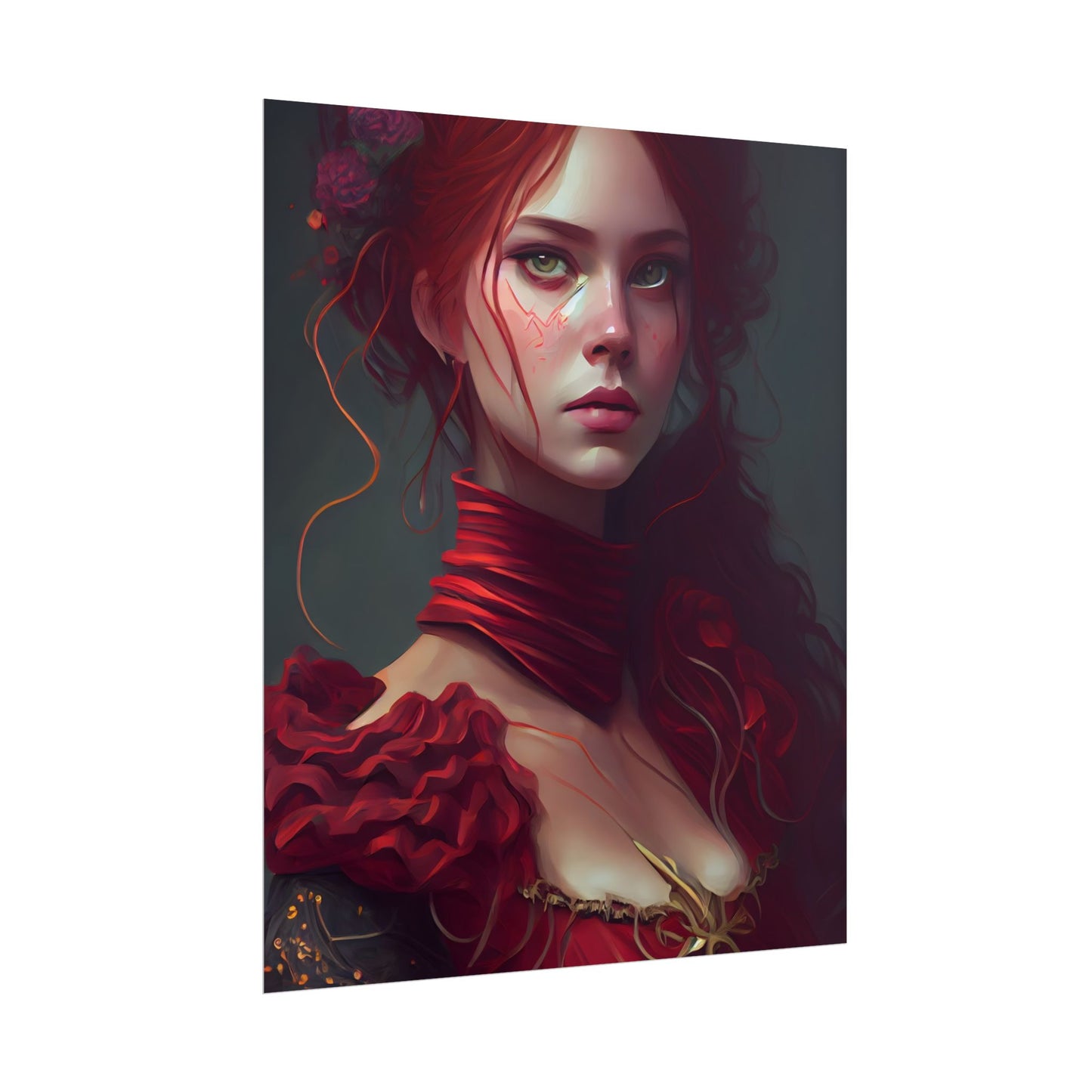 Vibrant Redhead Portrait: Female Artwork in Red Dress - Poster