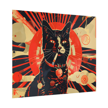 Vintage Whimsy: Cat Smokes Cigarette on Blue Background - Poster