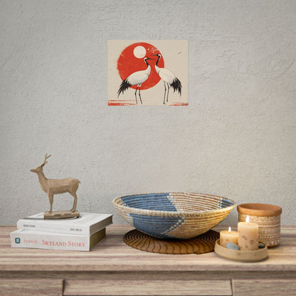 Serene Wildlife Sanctuary: Cranes in Red Nature Scene Art - Poster