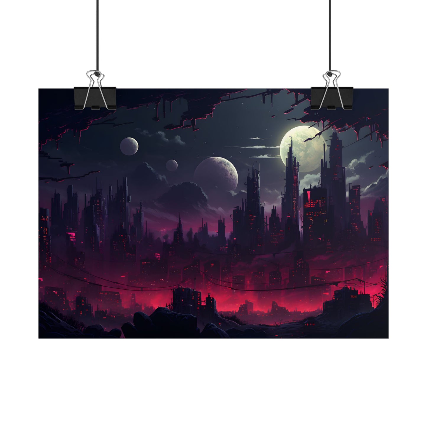 Burning Cyberpunk Cityscape at Night: Digital Art - Poster