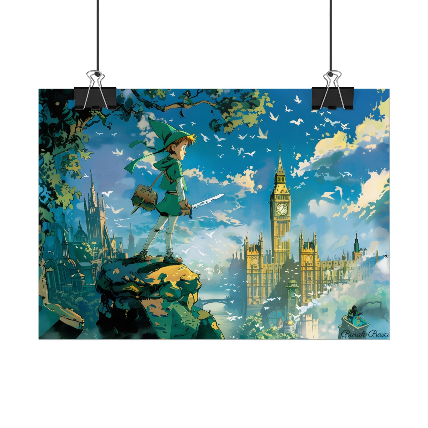 Whimsical Boy in Green: Colorful Illustration Artwork - Poster