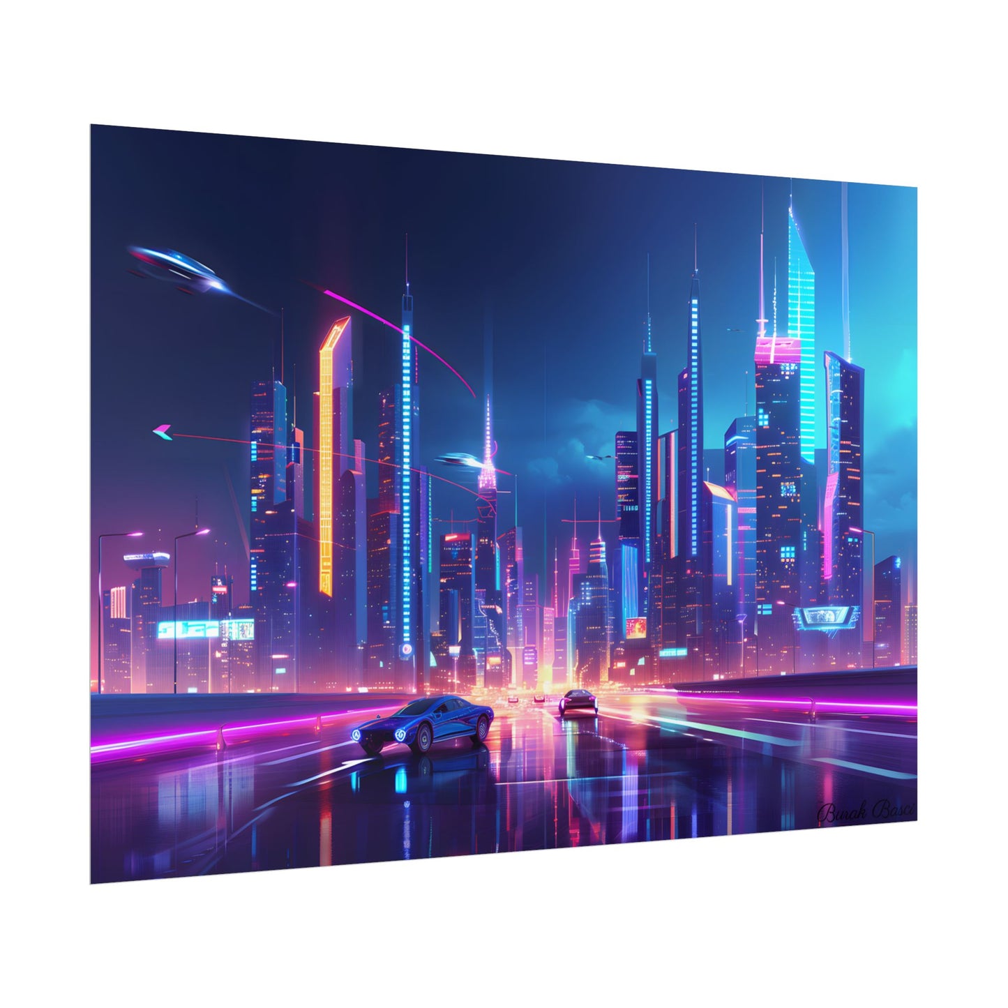Futuristic City Glow: Neon Lights Digital Art - Poster