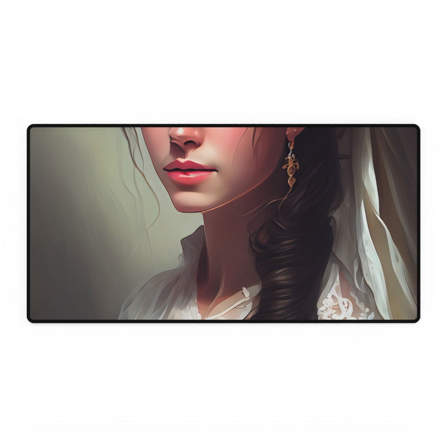 Serious Female Portrait: Brown Hair and Dark Top - Desk Mat