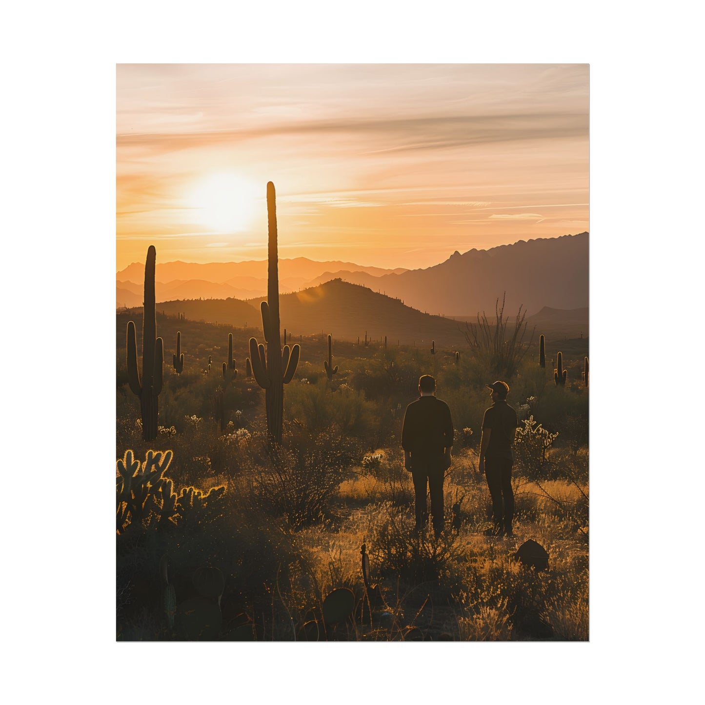Desert Sunset Serenity: Two Friends Standing Together - Poster