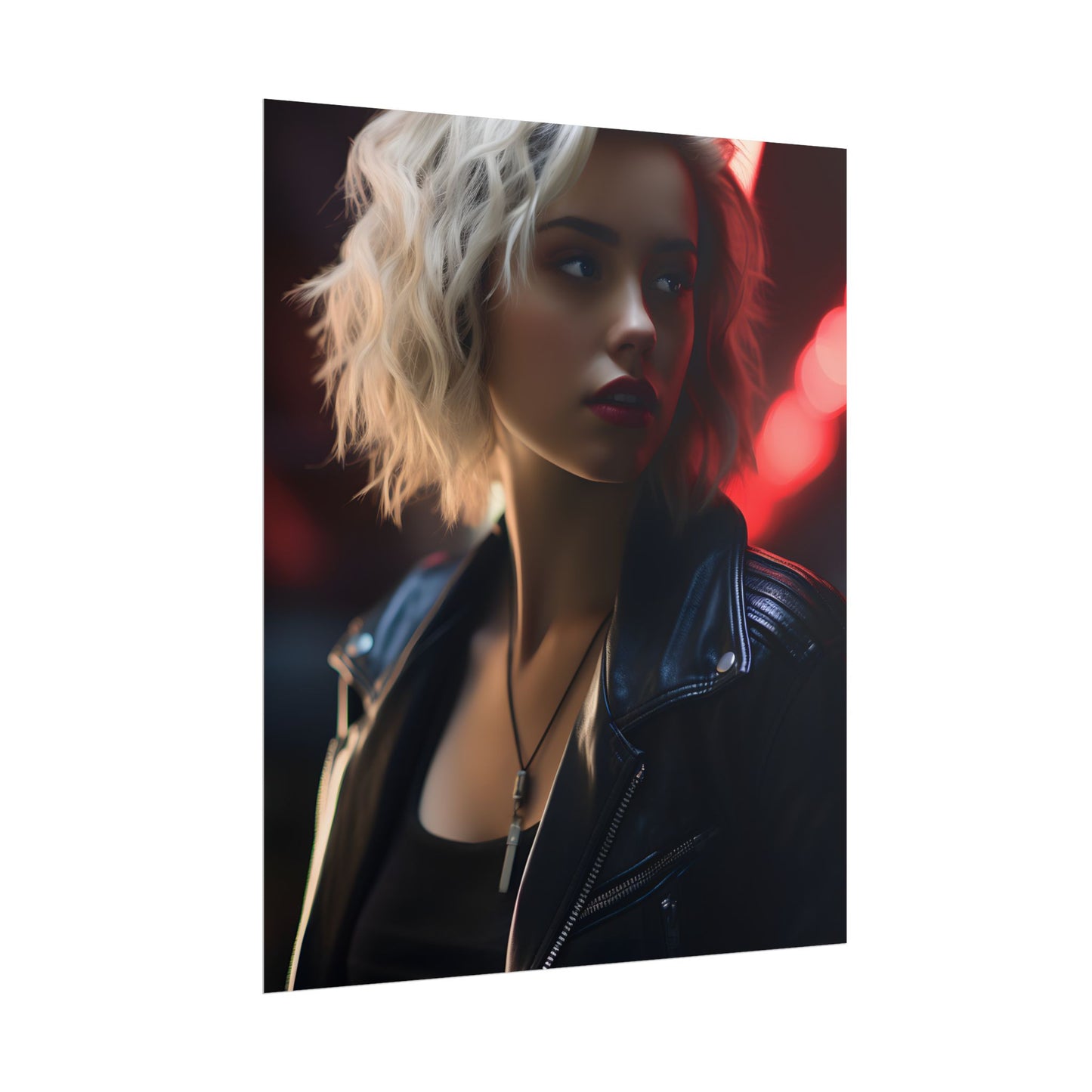 Cyberpunk Blonde: Closeup Portrait in Neon Hues - Poster