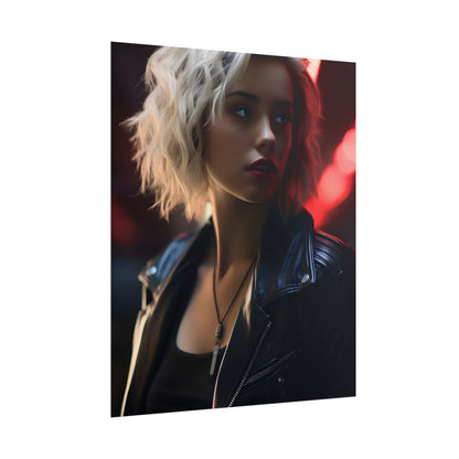 Cyberpunk Blonde: Closeup Portrait in Neon Hues - Poster
