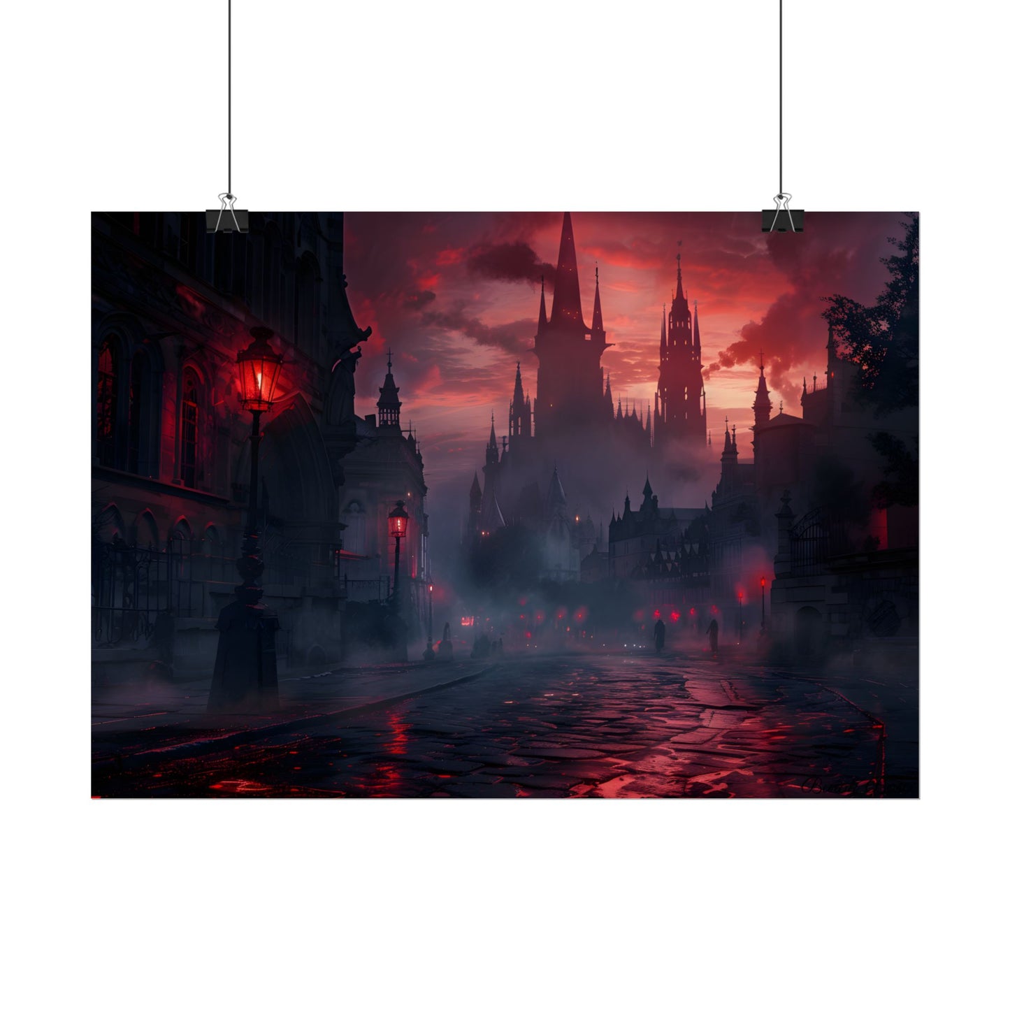 Gothic City Dusk: Pointed Arches and Misty Atmosphere - Poster