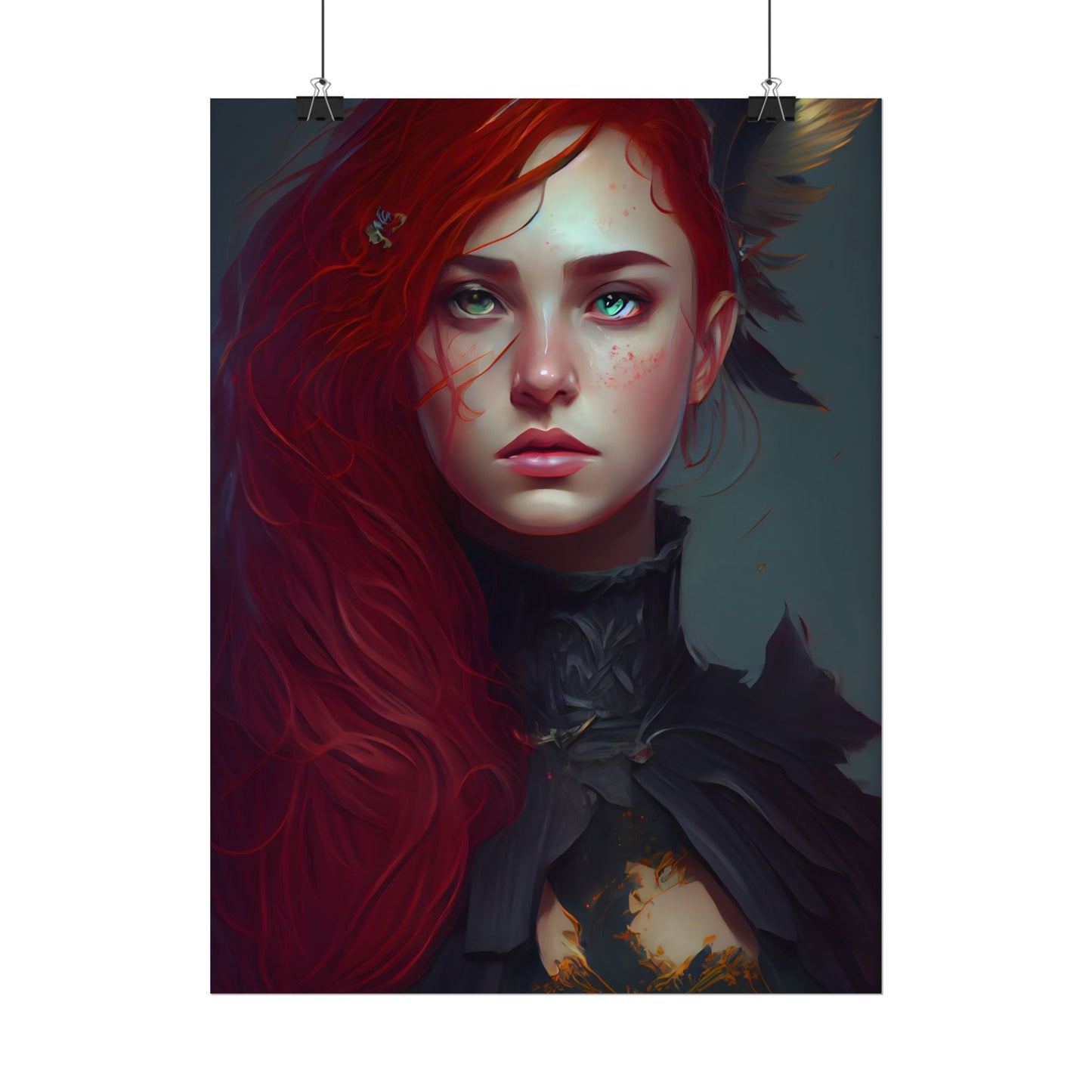 Vibrant Female Portrait: Red Hair Beauty in Neutral Dress - Poster