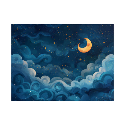 Surreal Night Sky Dreamscape: Whimsical Stars and Clouds Art - Poster