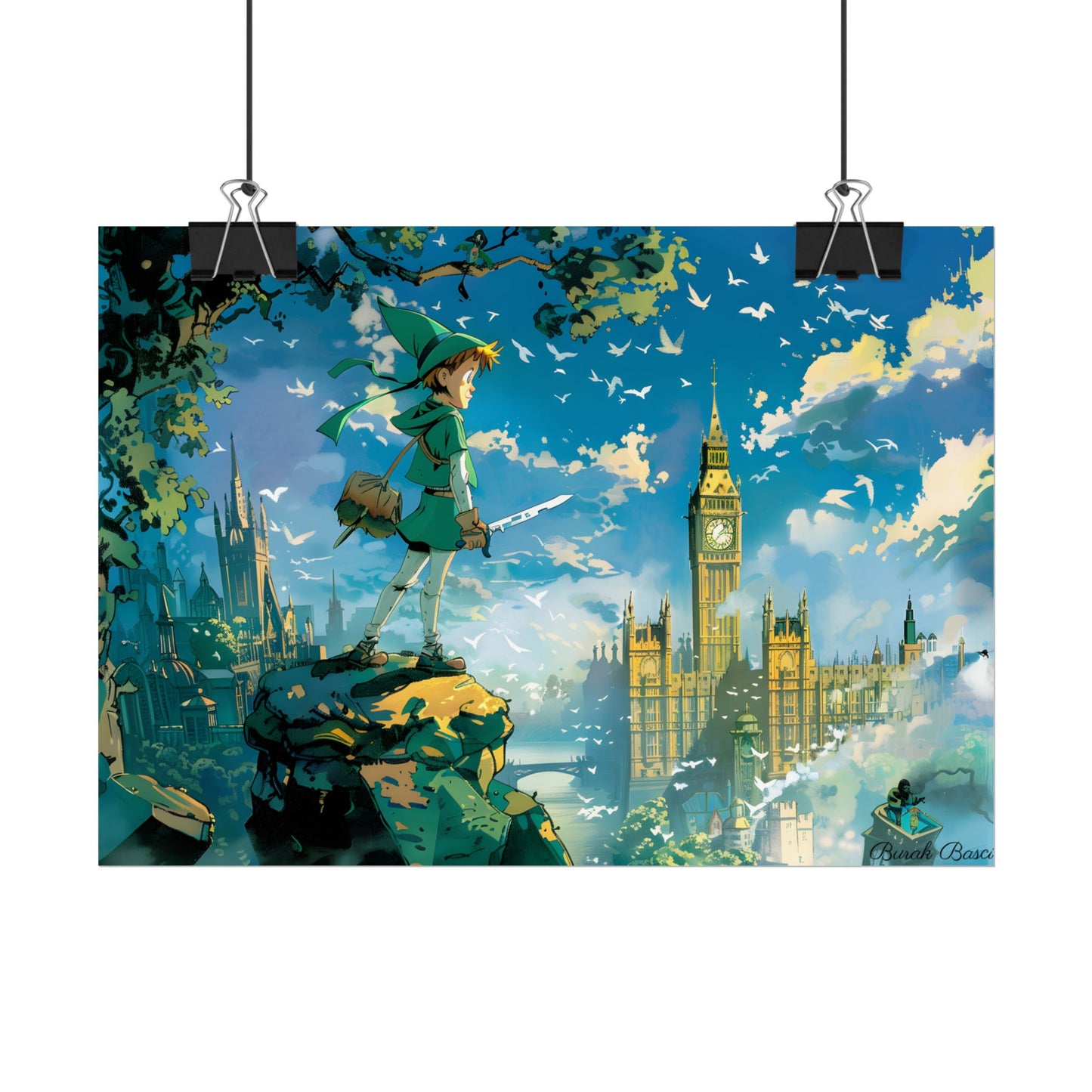 Whimsical Boy in Green: Colorful Illustration Artwork - Poster