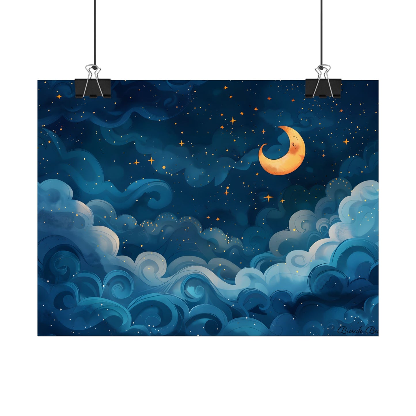 Surreal Night Sky Dreamscape: Whimsical Stars and Clouds Art - Poster
