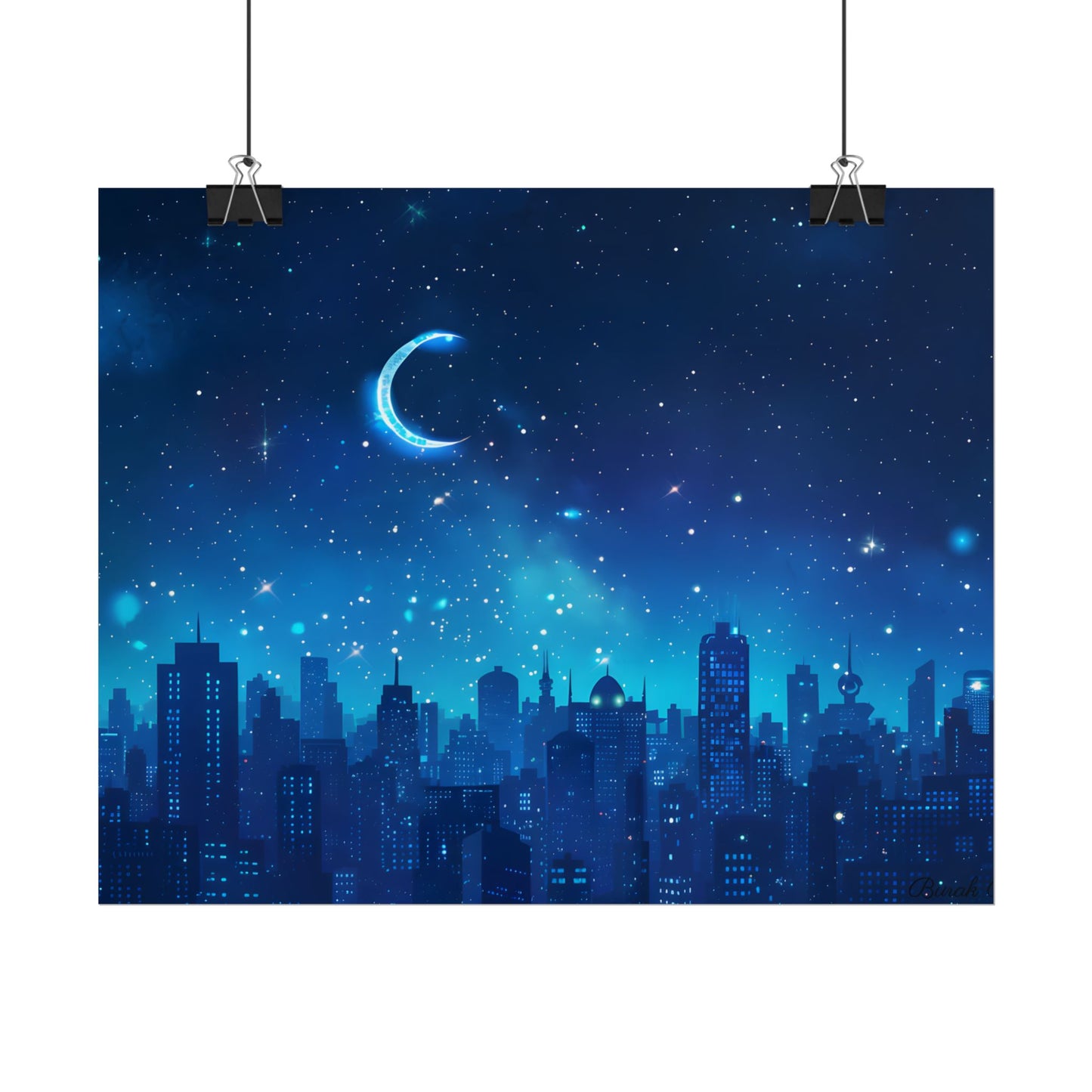 Peaceful Night Sky with Crescent Moon: Starry Digital Art - Poster