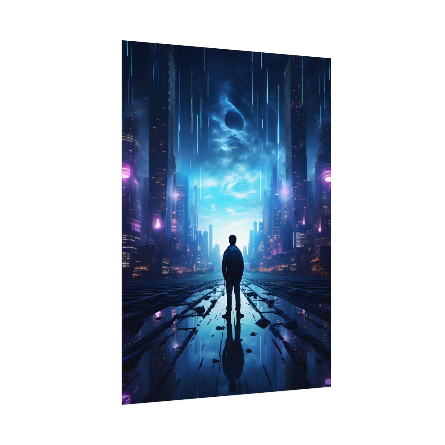 Cyberpunk Cityscape at Night: Melancholic Landscape Digital Art - Poster