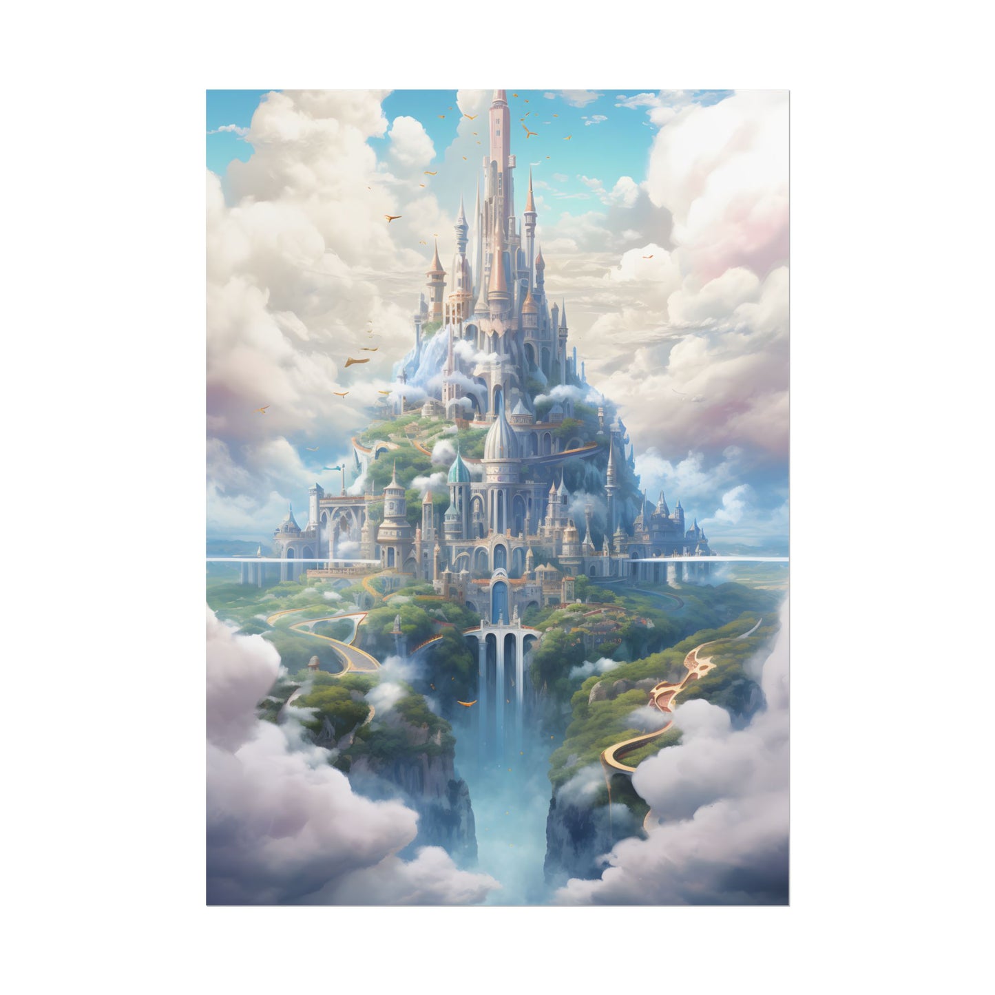 Floating City in Celestial Fantasy Realm: Whimsical Artwork - Poster