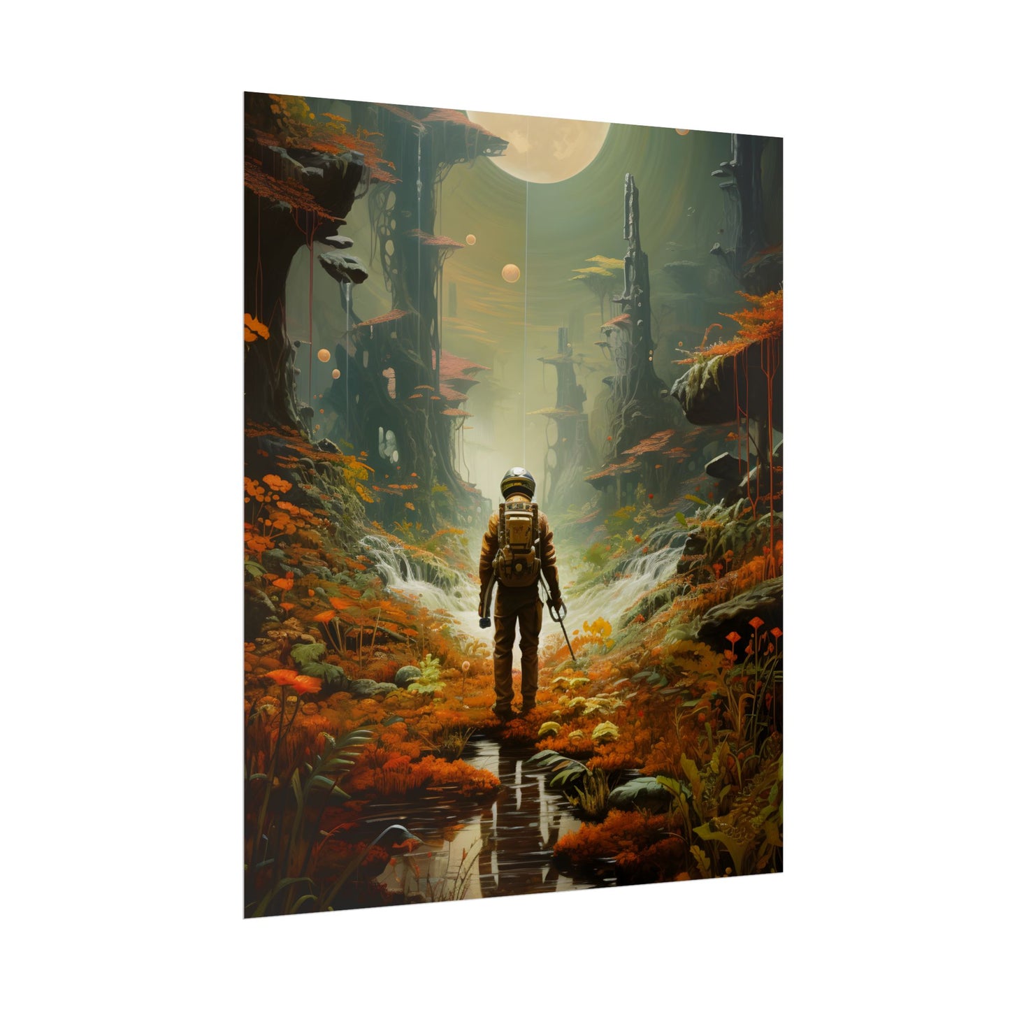 Futuristic Explorer in Wilderness: Digital Artwork - Poster