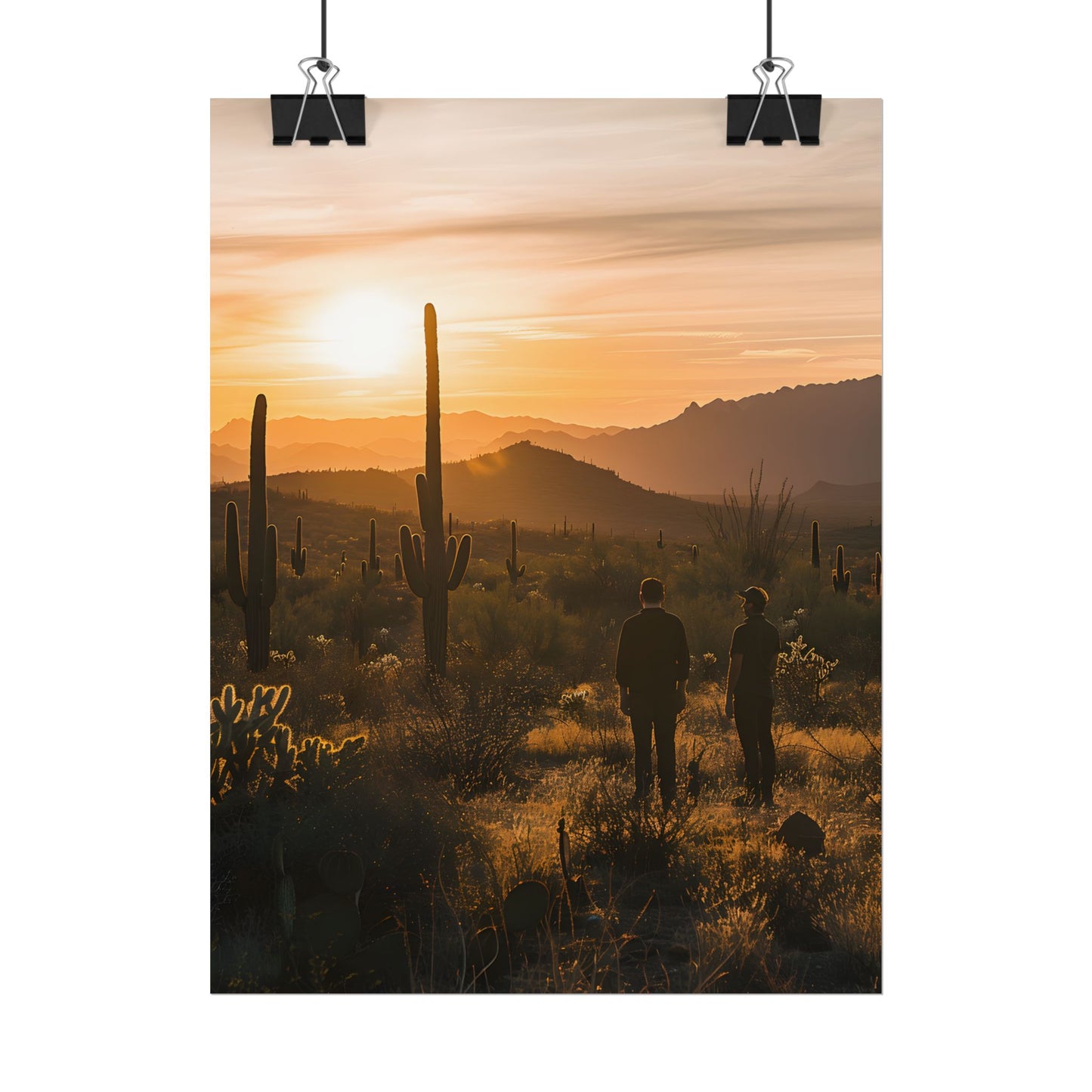 Desert Sunset Serenity: Two Friends Standing Together - Poster