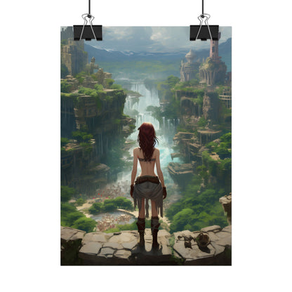 Dramatic Birds Eye View: Red Haired Anime Girl in Urban Landscape - Poster