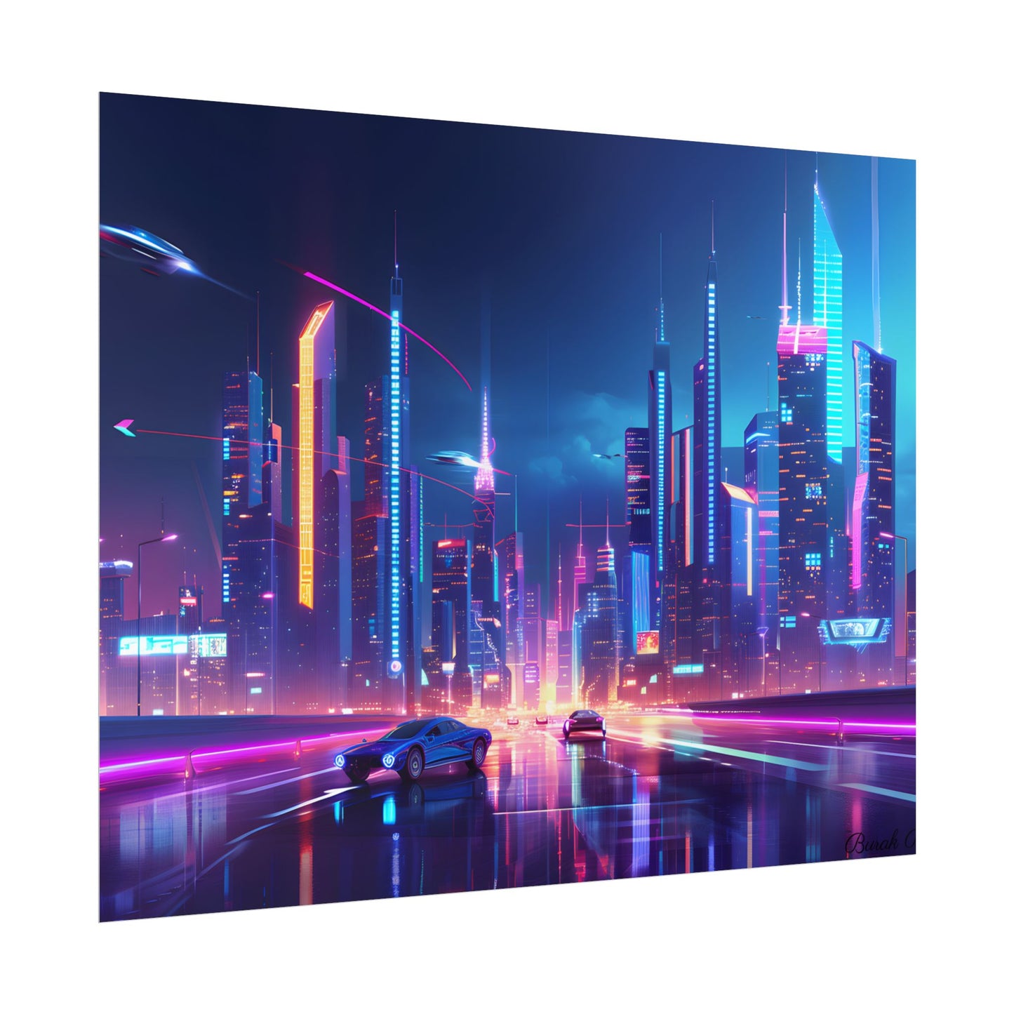 Futuristic City Glow: Neon Lights Digital Art - Poster