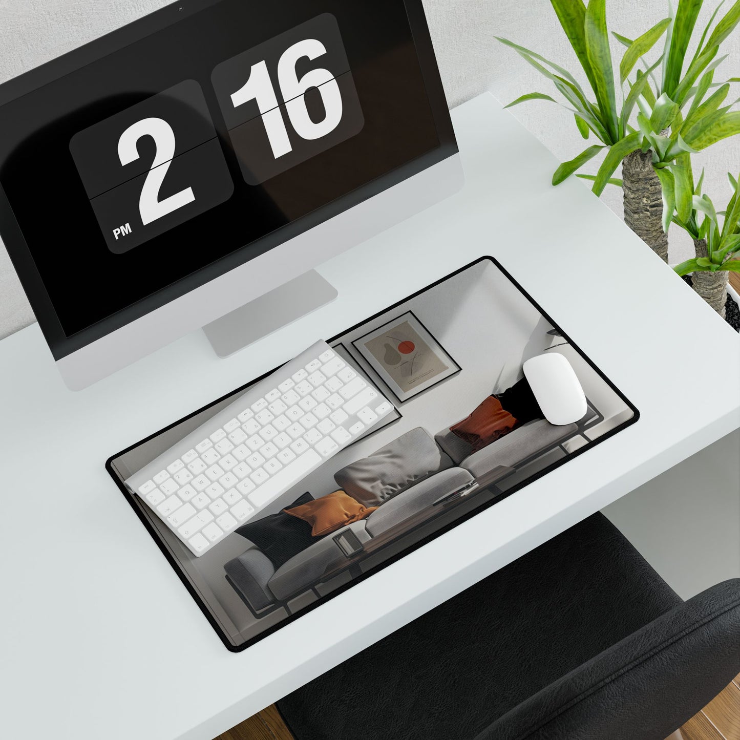 Minimalist Modern Living Room: White Couch and Dark Wood Accents - Desk Mat
