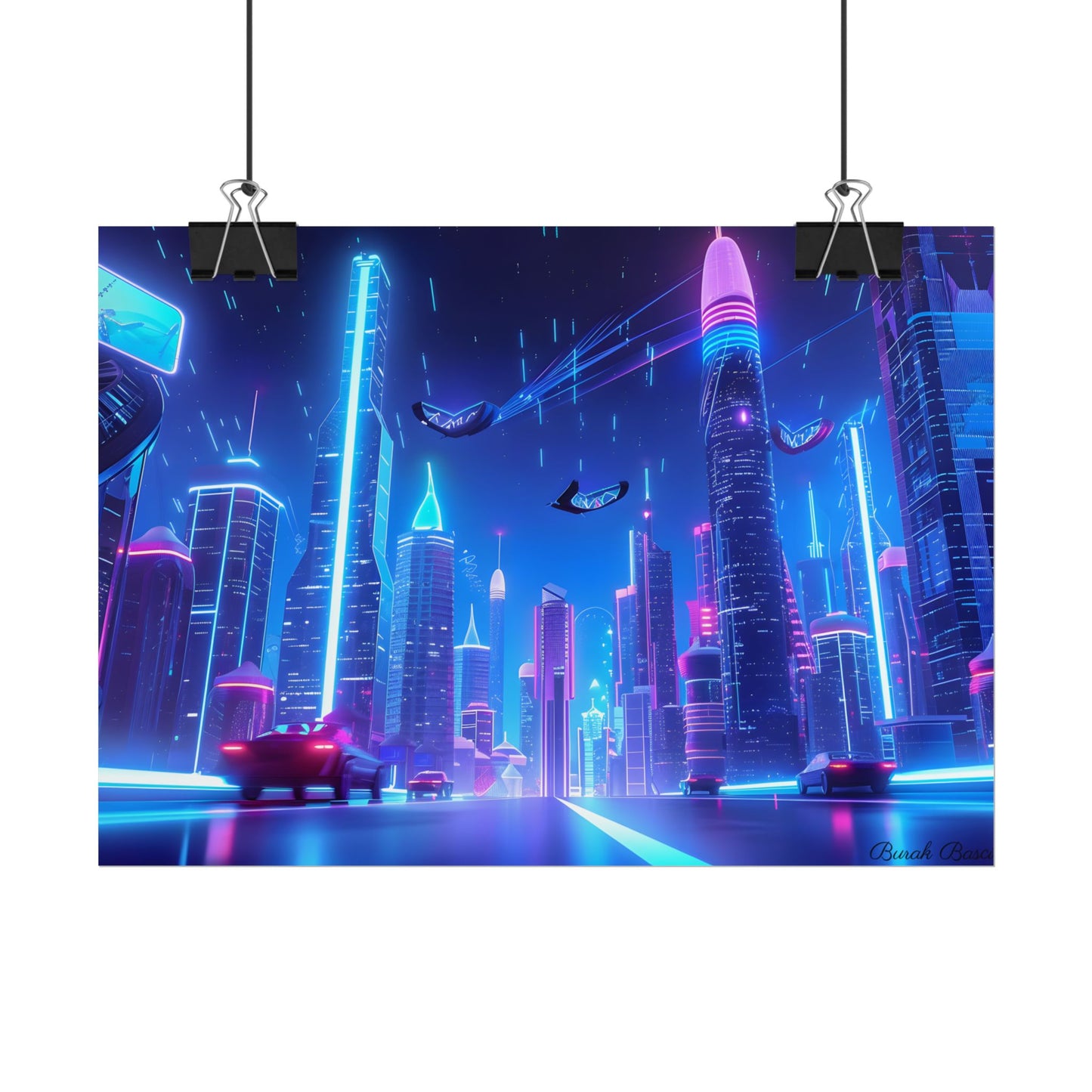 Vibrant Futuristic Cityscape: Neon Lights at Night Digital Artwork - Poster