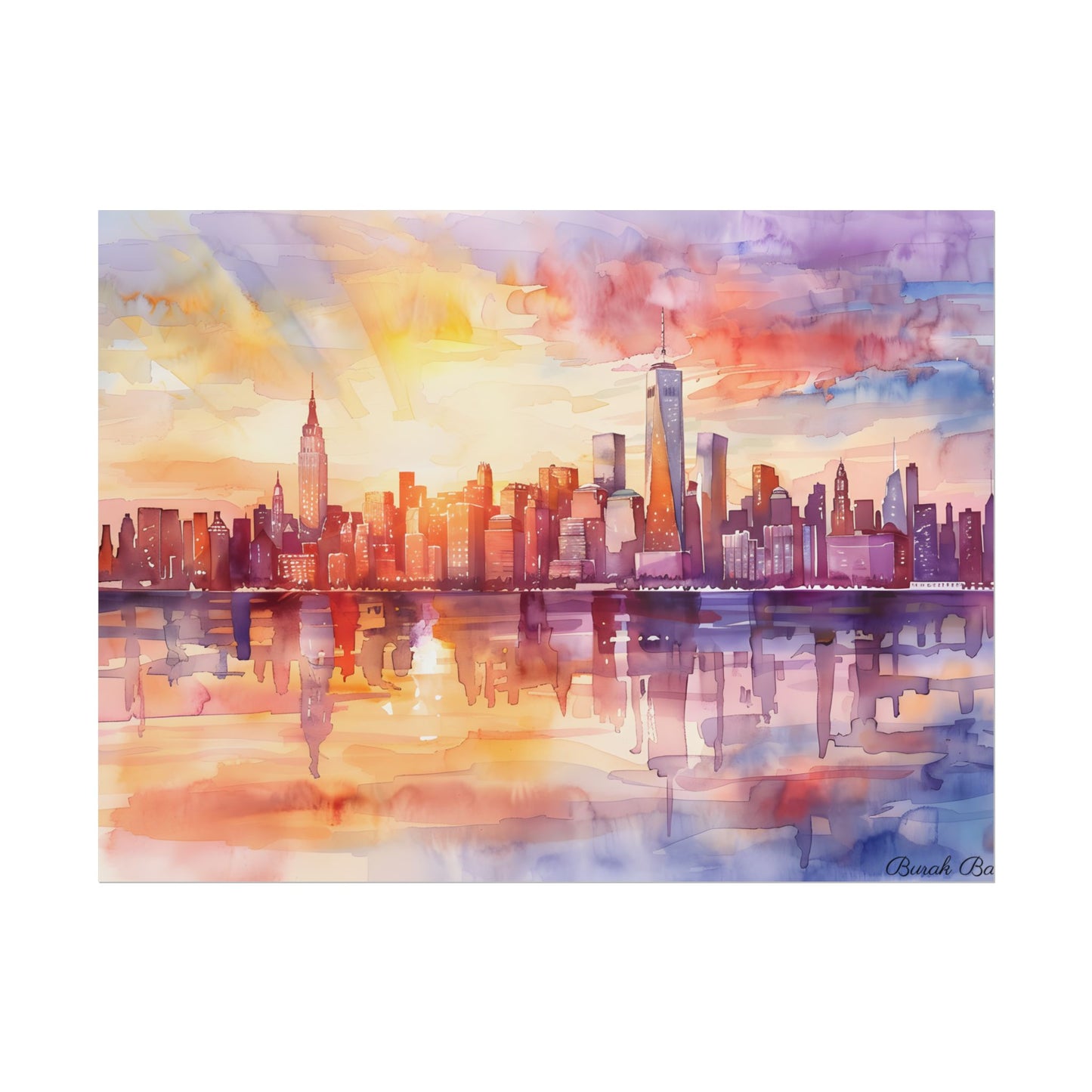 Watercolor Sunset New York City Skyline: Beautiful Artwork - Poster
