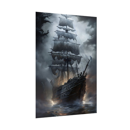 Ghostly Pirate Sails: Abandoned Ship at Sea - Poster