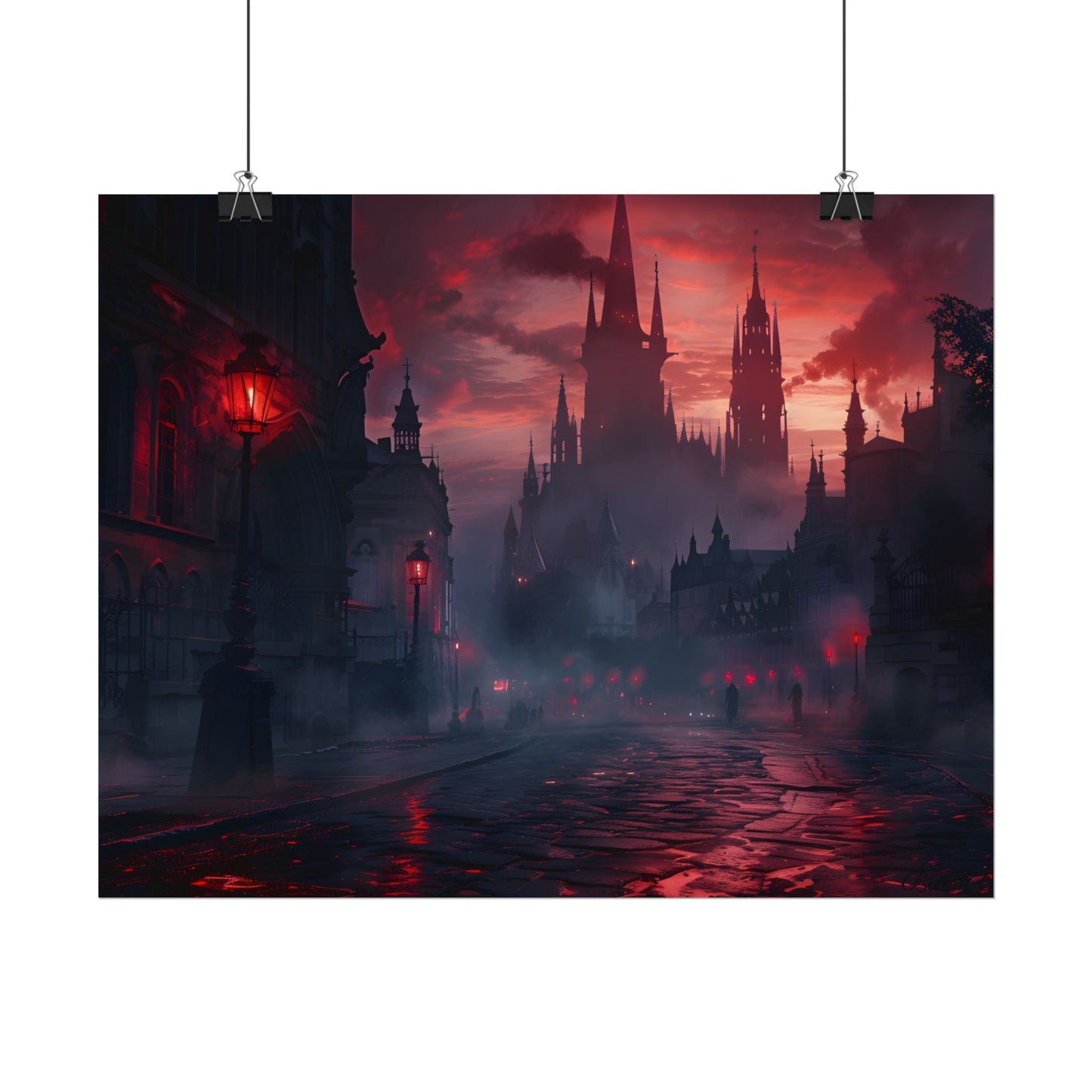 Gothic City Dusk: Pointed Arches and Misty Atmosphere - Poster