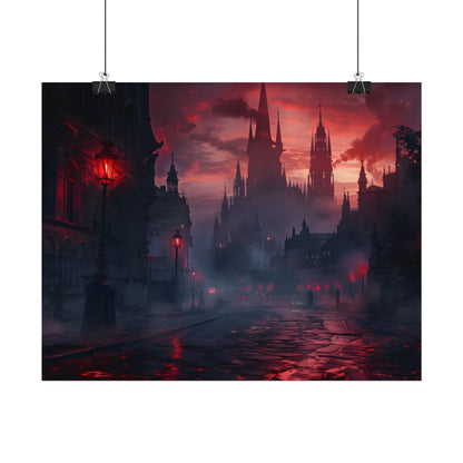 Gothic City Dusk: Pointed Arches and Misty Atmosphere - Poster