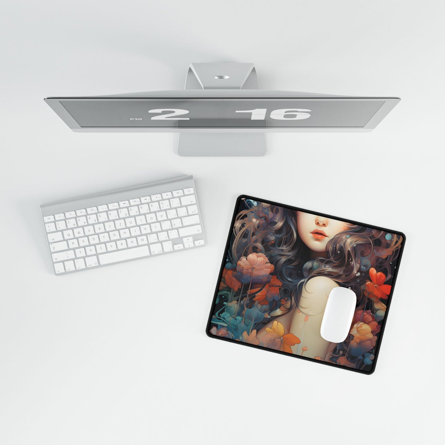 Peaceful River Garden: A Tranquil Landscape with Roses - Desk Mat