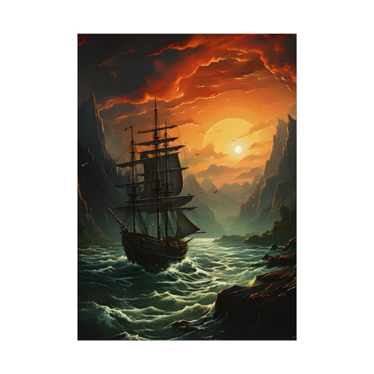 Vibrant Green Sails: Magical Oil Painting of a Majestic Ship - Poster