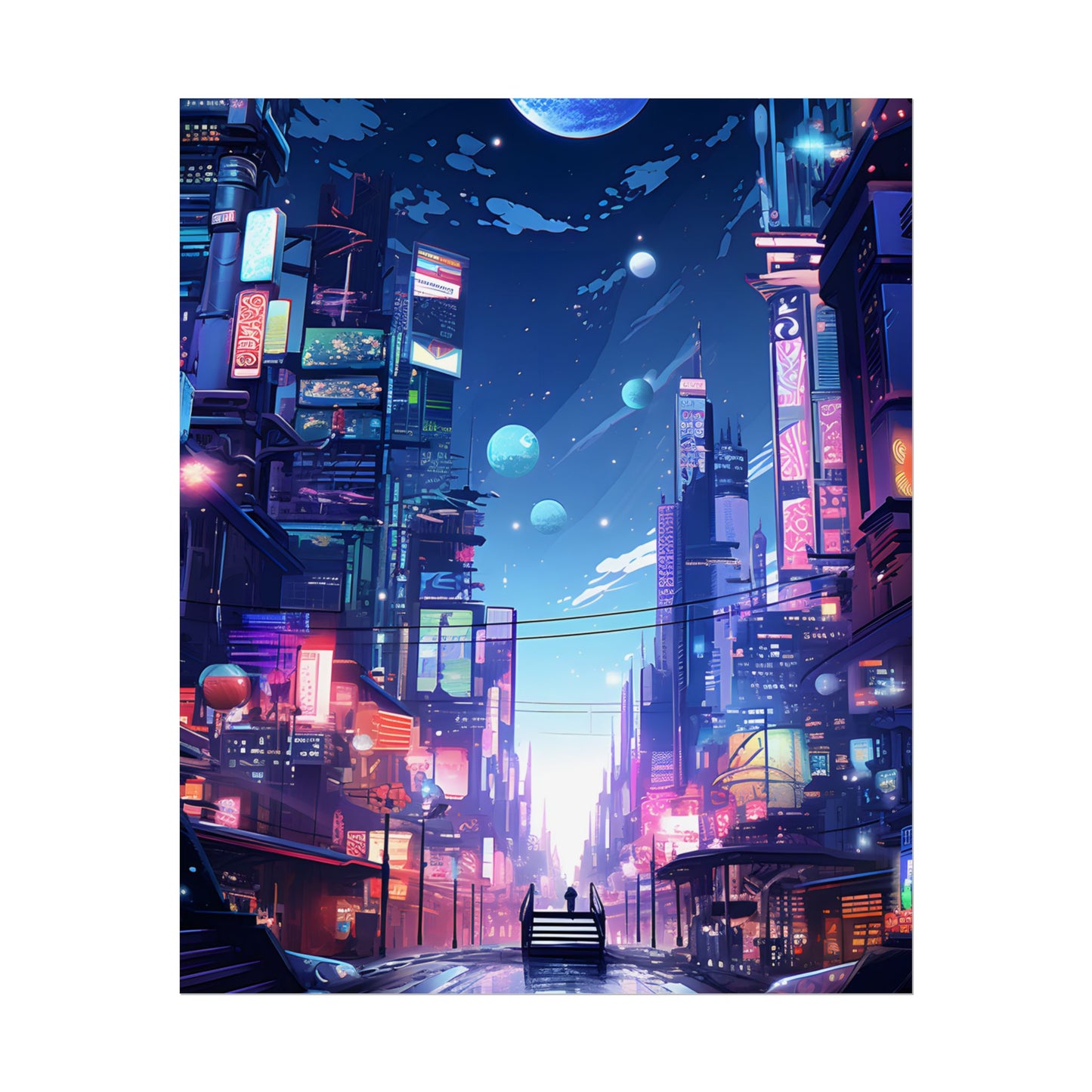 Melancholic Night in Cyberpunk City: Urban Landscape Art - Poster