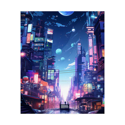 Melancholic Night in Cyberpunk City: Urban Landscape Art - Poster