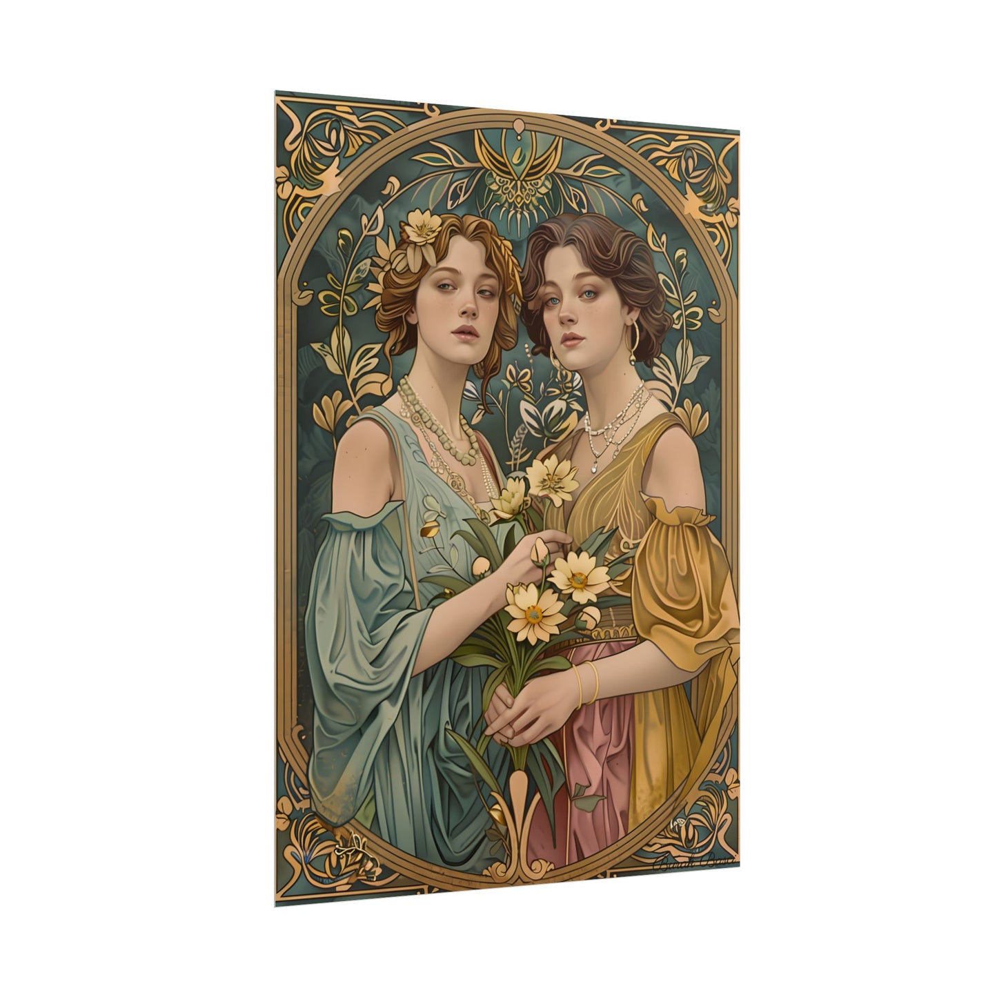 Two Women in Ornate Attire Holding Primr: Traditional Turkish Artwork - Poster