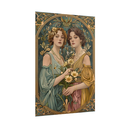 Two Women in Ornate Attire Holding Primr: Traditional Turkish Artwork - Poster