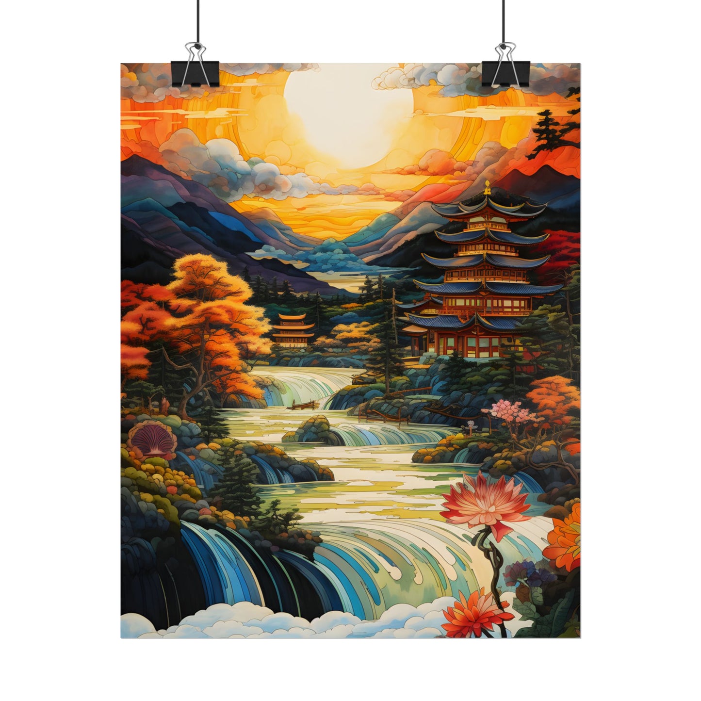 Peaceful Japanese River Landscape with Flowers: Serene Artwork - Poster