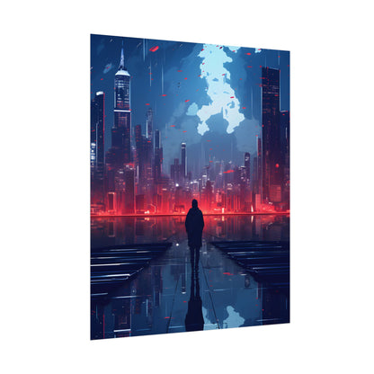 Cyberpunk Night Cityscape: A Melancholic Moment - Poster