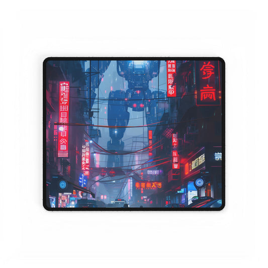 Futuristic City Pulse: Neon Lights Digital Artwork - Desk Mat