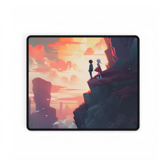 Serene Hilltop: Girl and Boy in Nature's Embrace - Desk Mat