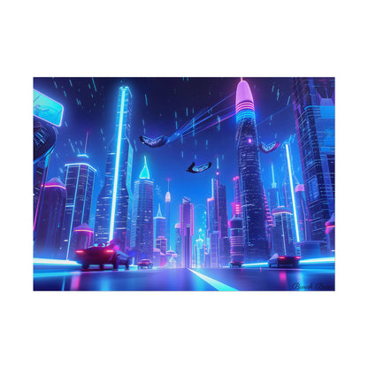 Vibrant Futuristic Cityscape: Neon Lights at Night Digital Artwork - Poster